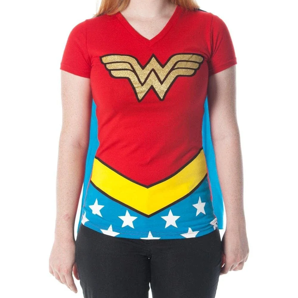 Wonder Woman Glitter Logo Juniors Costume Cosplay Cape T-Shirt Tee Shirt DC- NW
